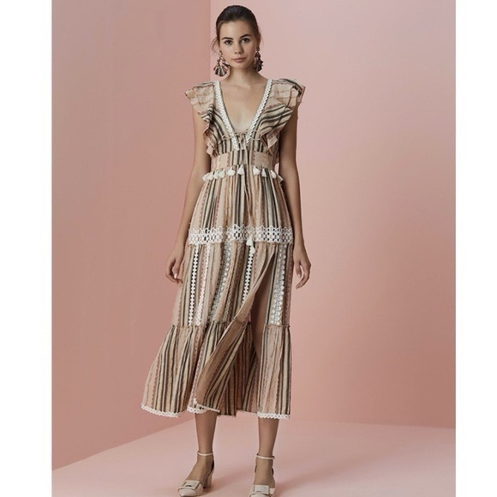 HEMANT & NANDITA Pixie Beige and Brown Striped Maxi Dress - Size M NWT